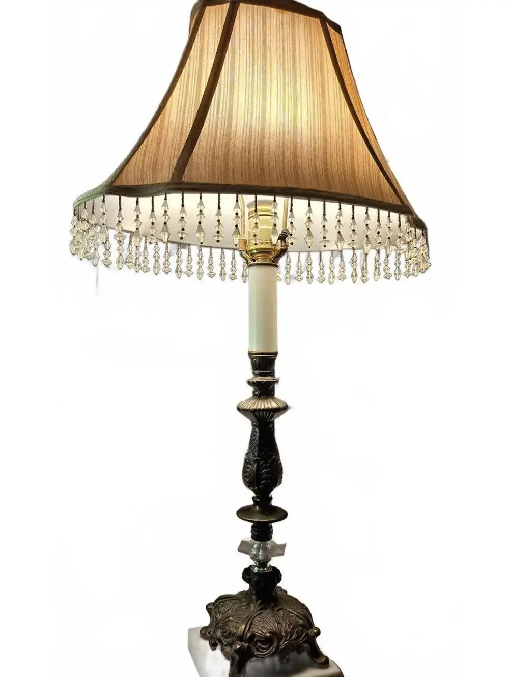 Vintage Brass Marble Claw Foot Table Lamp with Beaded Fringe Shade